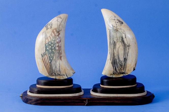 Exceptional and Large Polychrome Scrimshaw Whales Teeth Depicting "Liberty & Justice", American, circa 1850