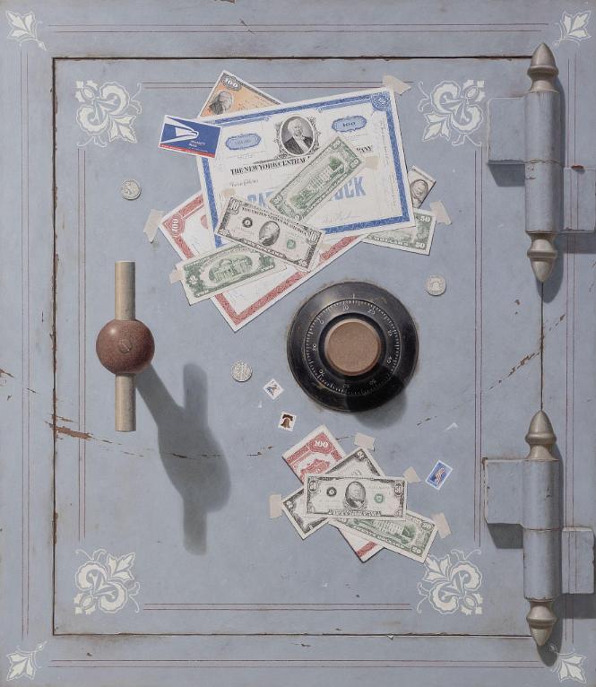 Tromp L'oeil, oil on board, signed and titled on the reverse, "Michael Theise" "Keep it Safe", circa 1980.