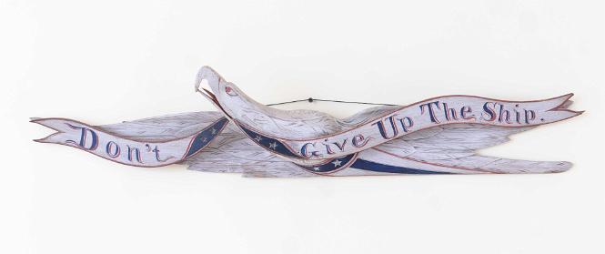 Carved and painted Thirty Eight Inch Carved Eagle with Painted Banner with the Slogan "Don't Give up the Ship in Red, White and Blue Paint with Addtional Paint Decorations by John Hale Bellamy circa 1885.