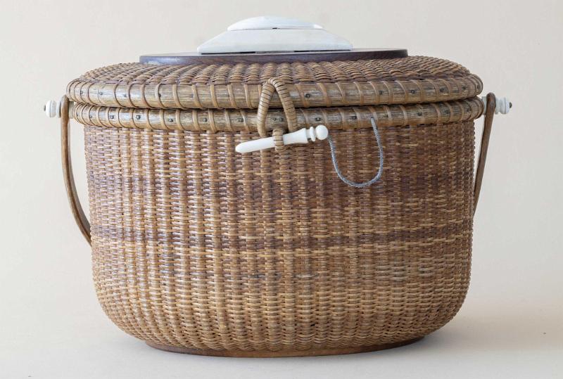 Vintage Large Nantucket Basket with 1978 Penny and Heavy Ivory Baleen Carved Whale on Ivory Plaque