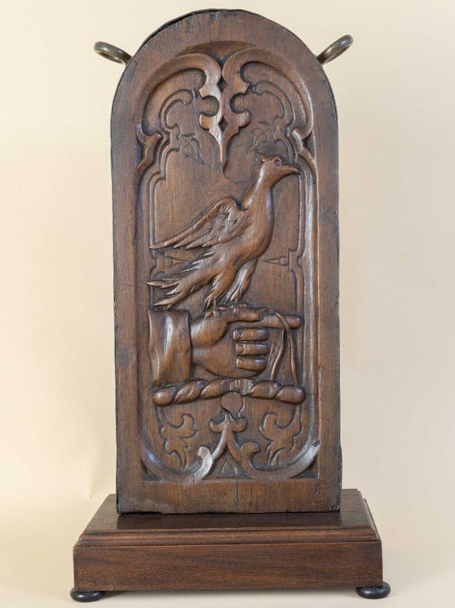Rare Carved Gangway Board with a Carved Falcon and Falconer from an American Yacht circa 1880.