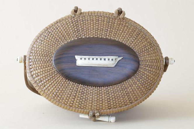 Paul Johnson 8 1/2 Inch Nantucket Purse with carved Whalebone Half Hull Model Top Decoration by Mark Sutherland, Nantucket 1982