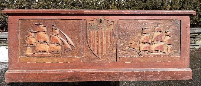 Important Mid-19th Century Carved Carved Sea Chest With Fine Beckets