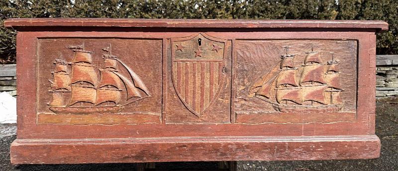 Important Mid-19th Century Carved Carved Sea Chest With Fine Beckets