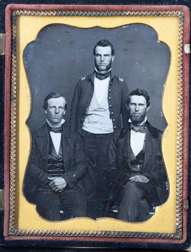 Quarter Plate Daguerreotype of Three Men the one at Center In a Military Uniform