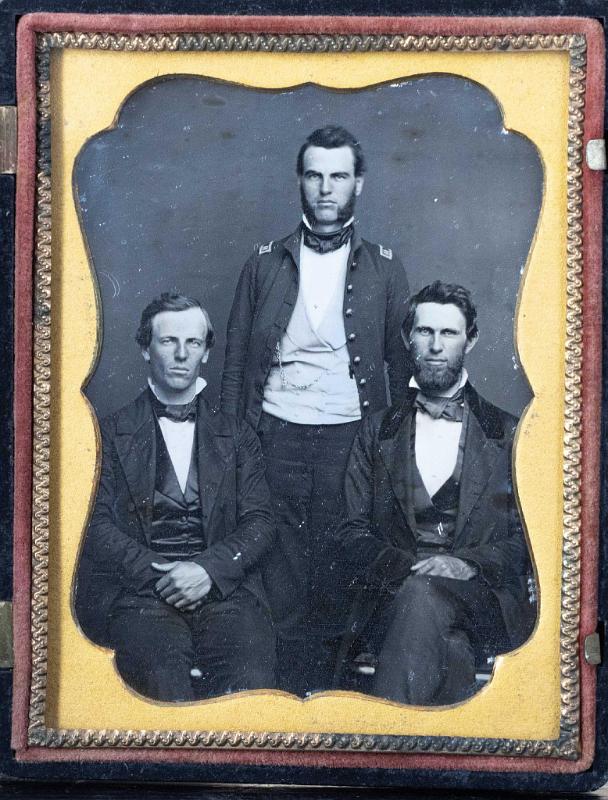 Quarter Plate Daguerreotype of Three Men the one at Center In a Military Uniform