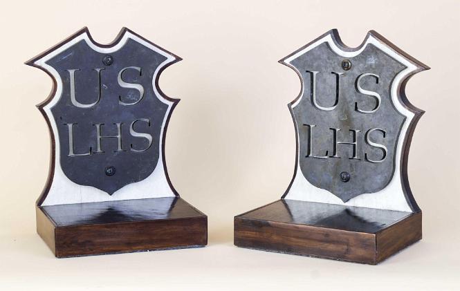 Pair of Light House Service Bronze Shield Shaped Plaques with the Pierced Letters Stating USLHS circa 1910.