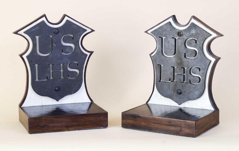 Pair of Light House Service Bronze Shield Shaped Plaques with the Pierced Letters Stating USLHS circa 1910.