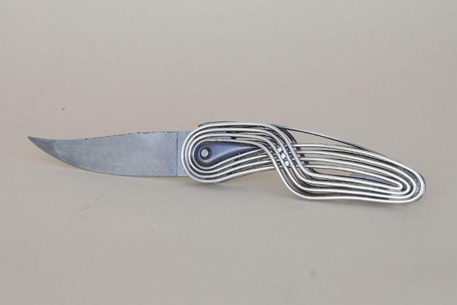 Turkish Twist Damascus Titanium and Fine Silver Button Knife by Arthur Soppera