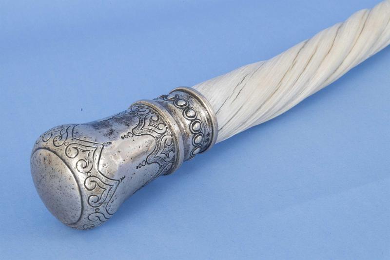 Large Narwhal Cane with Massive Silver Repousse Grip, Probably English, Circa 1870