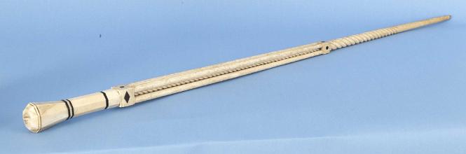 Exceptionally Cane With Capstan Whale Ivory Grip With Whalebone Shaft with Unusually Long Cage With Twisted Inset, American, Mid-19th Century