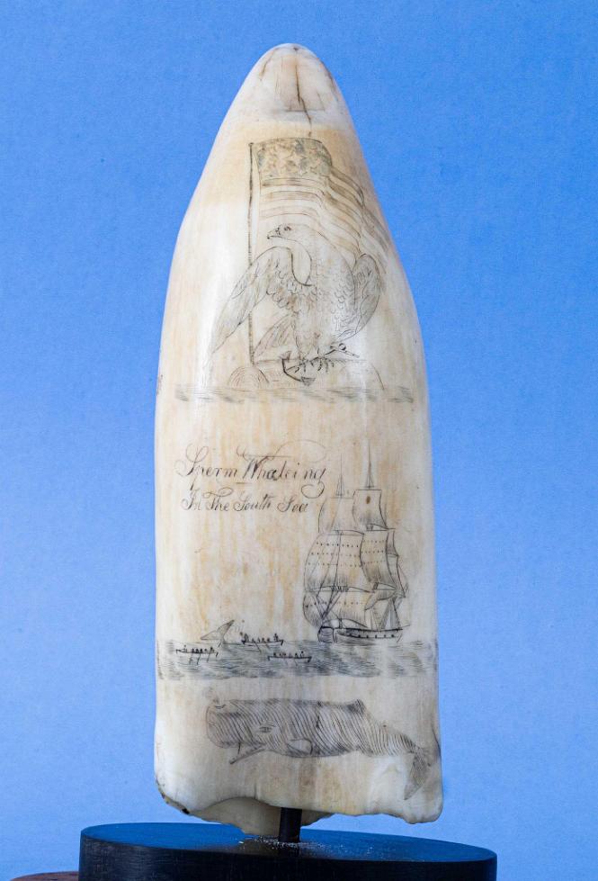 Scrimshaw Whale's Tooth with George Washington and Whaling Scene, attributed to Caleb or Thomas Albro, American, circa 1840