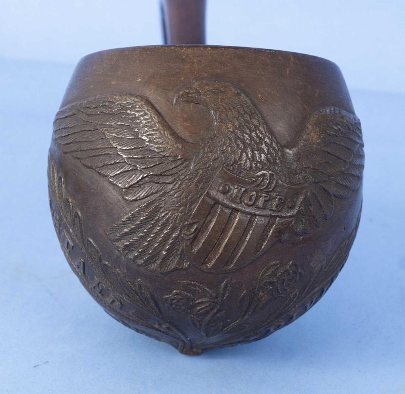Wood and Whale Ivory Carved Coconut Scrimshaw Dipper with Carved Eagle and Patriotic Motifs, American Mid 19th Century