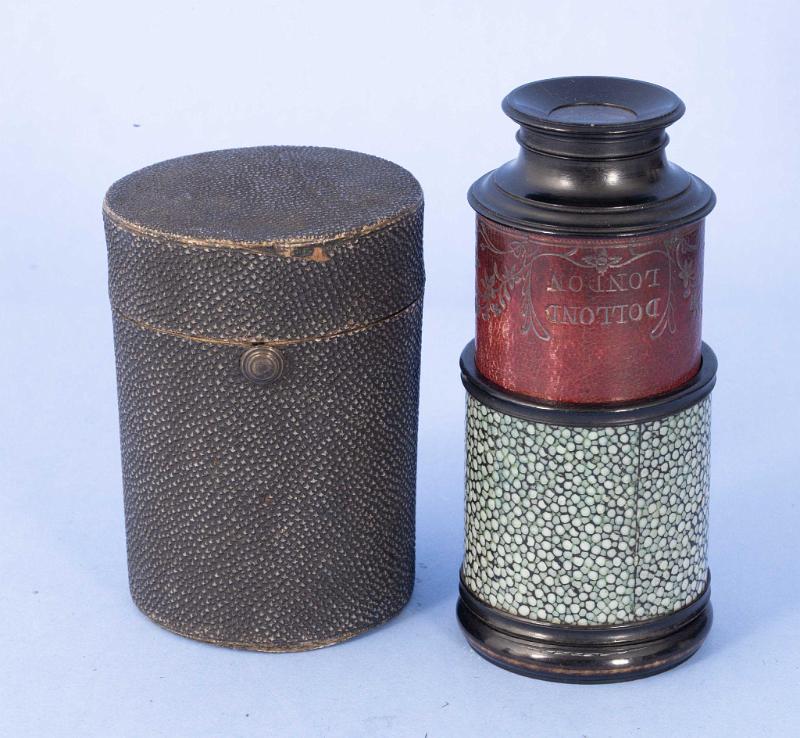Rare cased Small Shagrin and Leather Telescope with Sharkskin Case Signed Dolland, English circa 1790. 