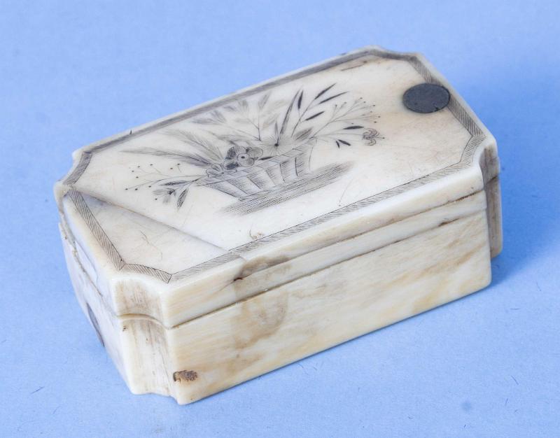 Whale Ivory Scrimshaw Decorated Puzzle Box, American Mid-19th Century