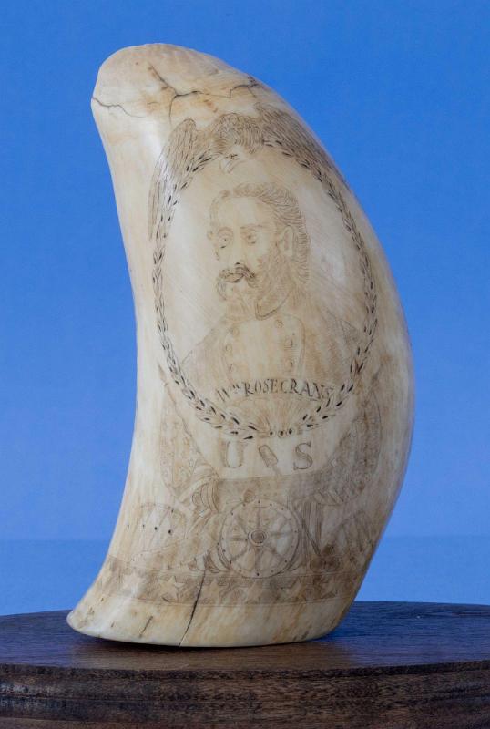 Scrimshaw Whales Tooth with Portrait of Army Officer William Rosecrans with Flags cannons etc, American Circa 1865