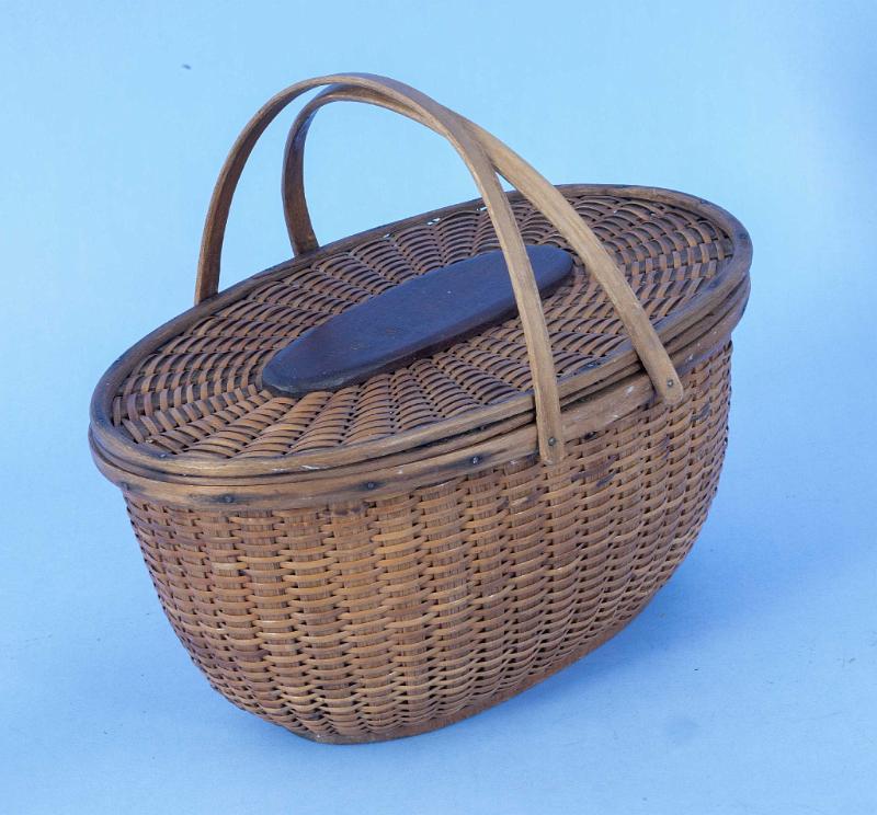 Charles Ray Double Handle Basket with Lid and Signed on Bottom, Nantucket circa 1870
