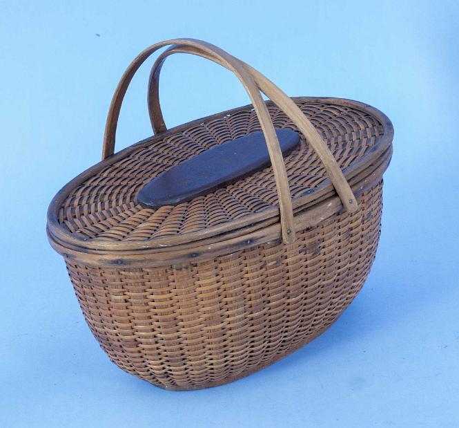 Charles Ray Double Handle Basket with Lid and Signed on Bottom, Nantucket circa 1870