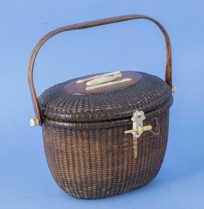 Exceptional Nantucket Purse With Ivory Whale and Two Harpoon Decoration on Top, circa 1970