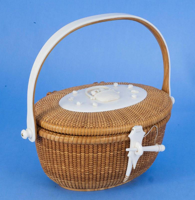 Exceptional Cocktail Nantucket Basket with ivory Top and Multiple Ivory Carvings by Alan S.W. Reed, 2005