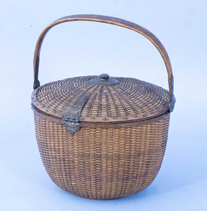 Exceptional Nantucket Lidded Basket with Fine Brass Work Attributed to Charles Ray circa 1870